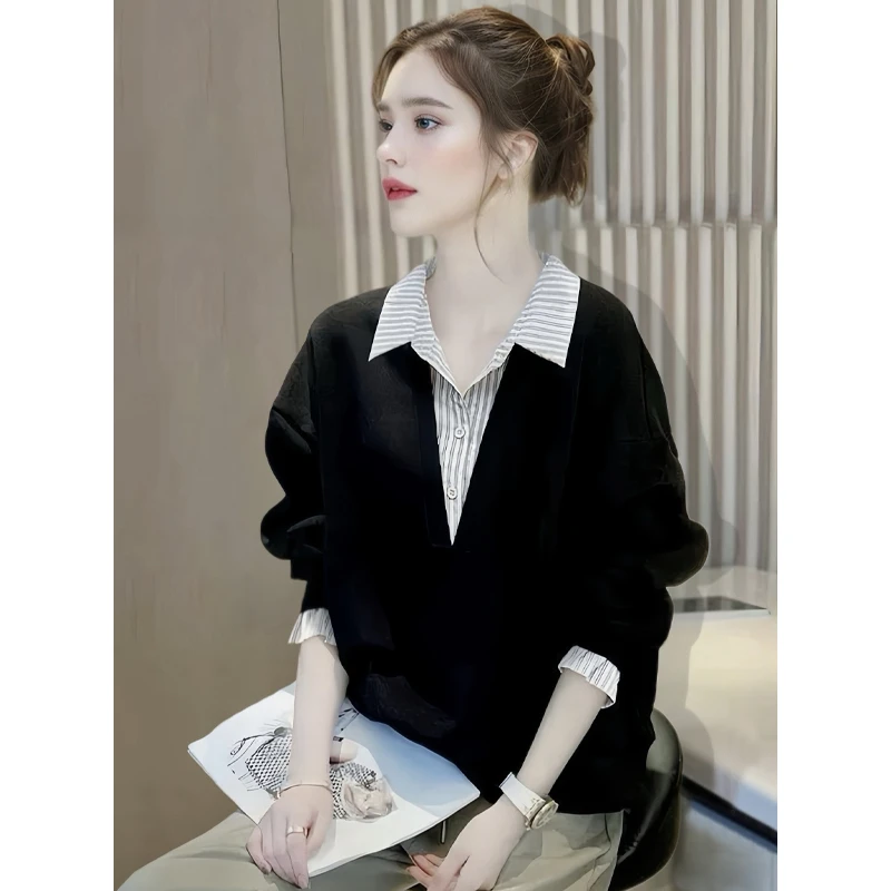 时尚百搭假两件长袖衬衫女春秋季2025新款拼接大码宽松衬衣女上衣