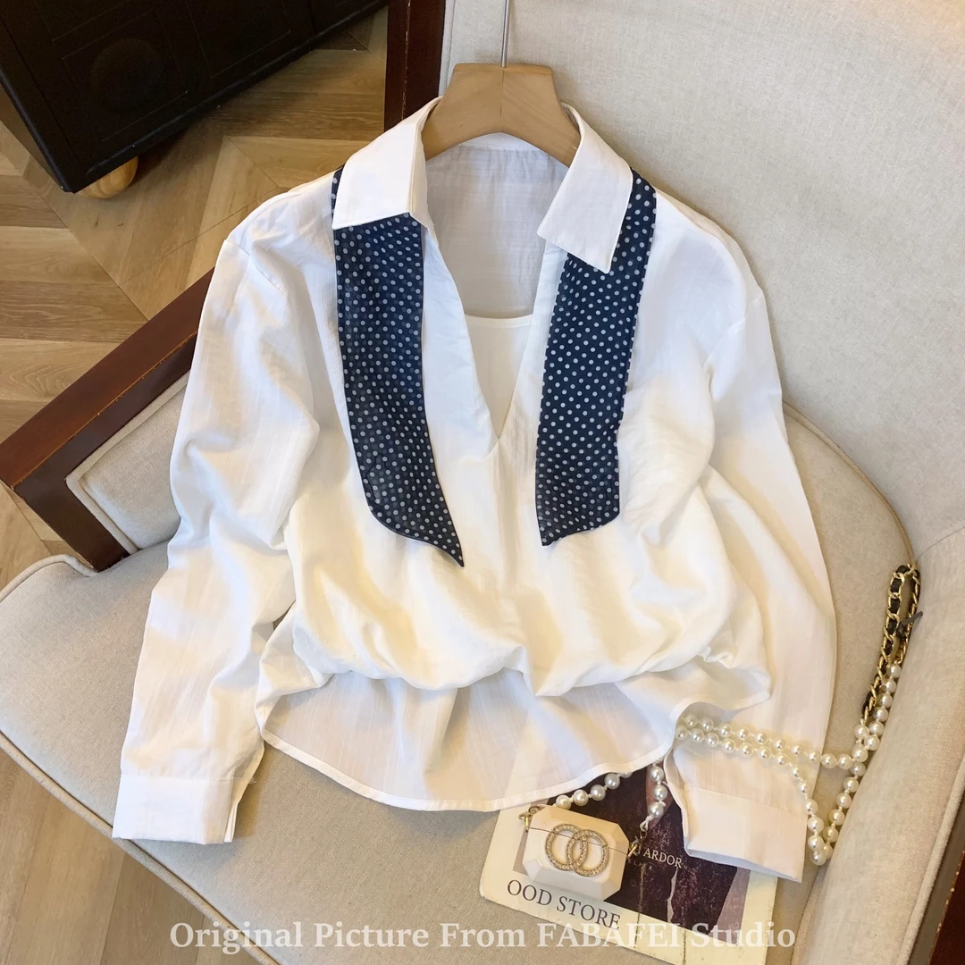 韩系波点丝巾假两件衬衫女2025秋季新款翻领衬衣独特别致长袖上衣