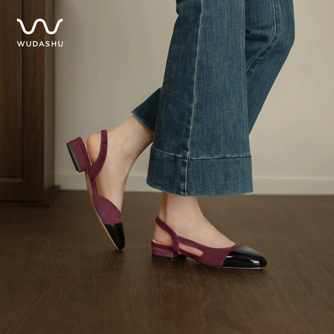 吴大叔红云鞋夏季法式真皮圆头浅口粗跟小香风拼色后空凉鞋Z135C