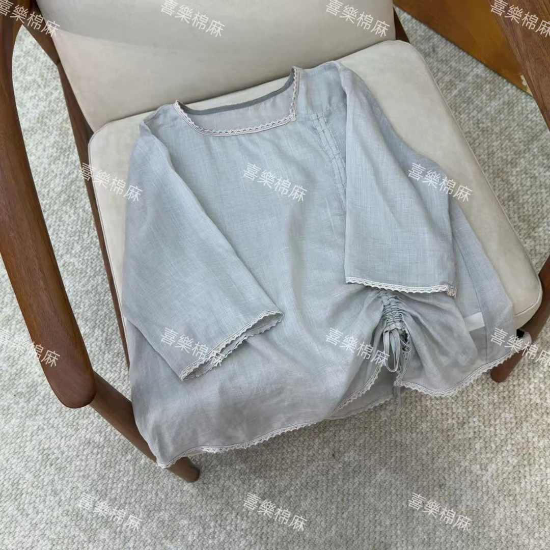 喜樂  2025苎麻设计感不规则领抽绳系带衬衫夏季新款文艺女士上衣