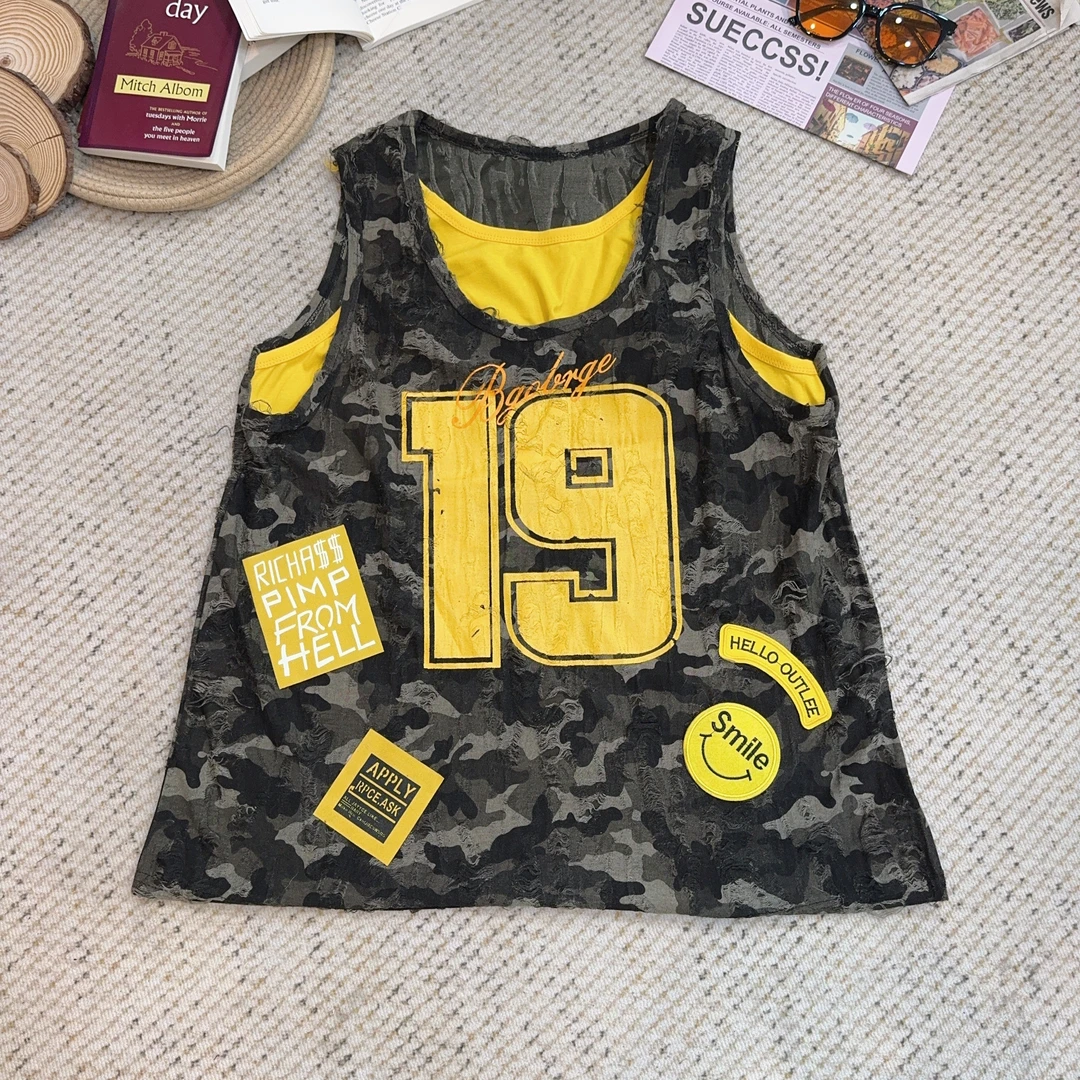 2025夏季新款韩版百搭破洞款卡通印花迷彩背心3643