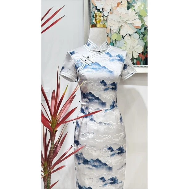 【慕雪】真丝桑蚕丝山水旗袍春夏女士修身蓝色夏款印花提花