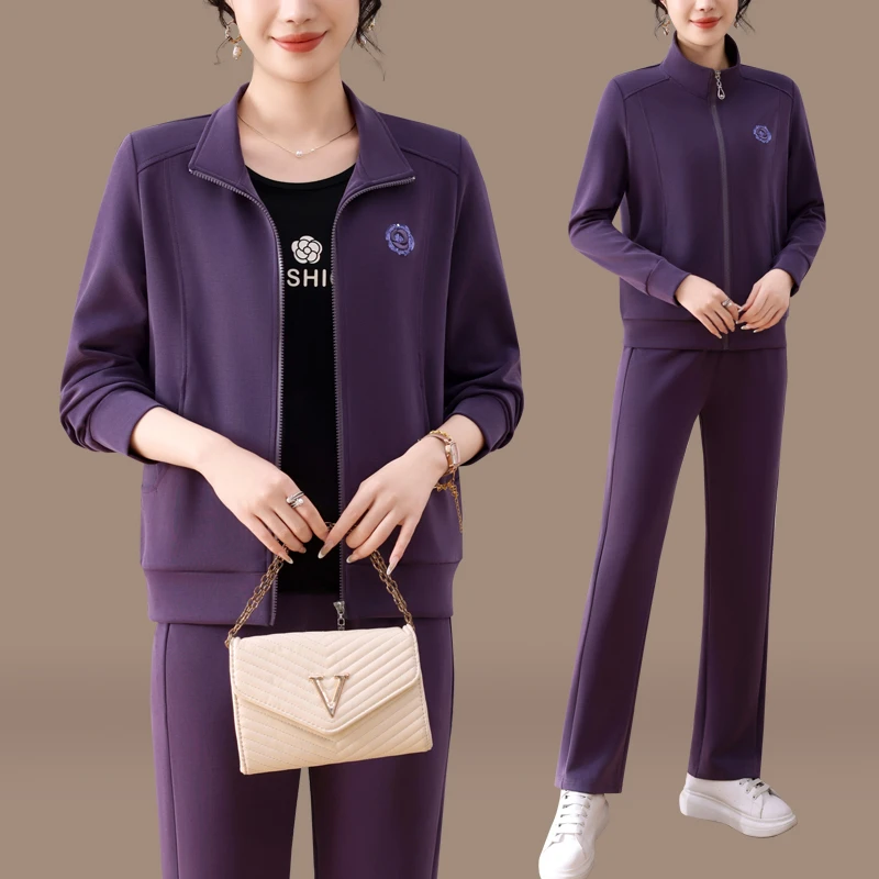 秋冬新款品牌休闲套装中年女春秋2025开衫百搭纯色大码卫衣三件套