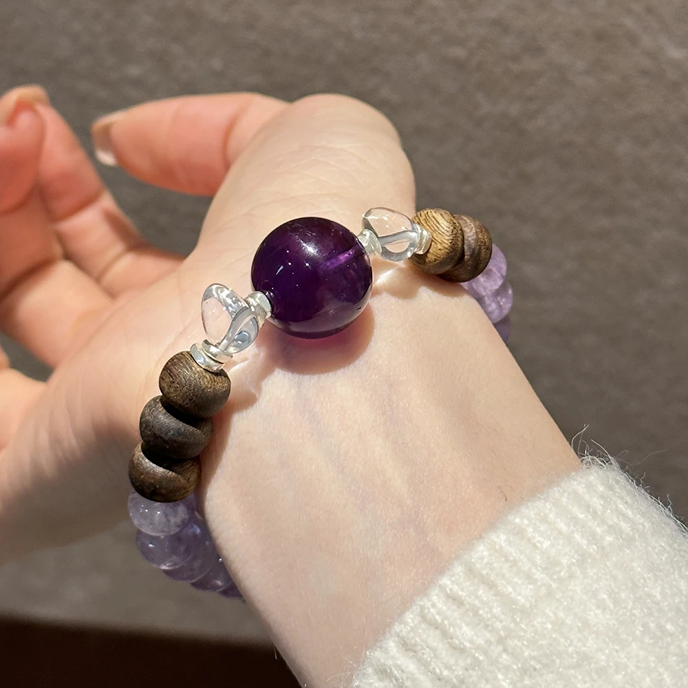 925银木质手链 S09673紫色大圆珠白色晶晶银饰手链复古百搭新中式