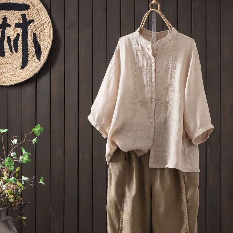 阅初  立领衬衫袖成人中国风纯色衬衫中袖夏季中式百搭宽松休闲