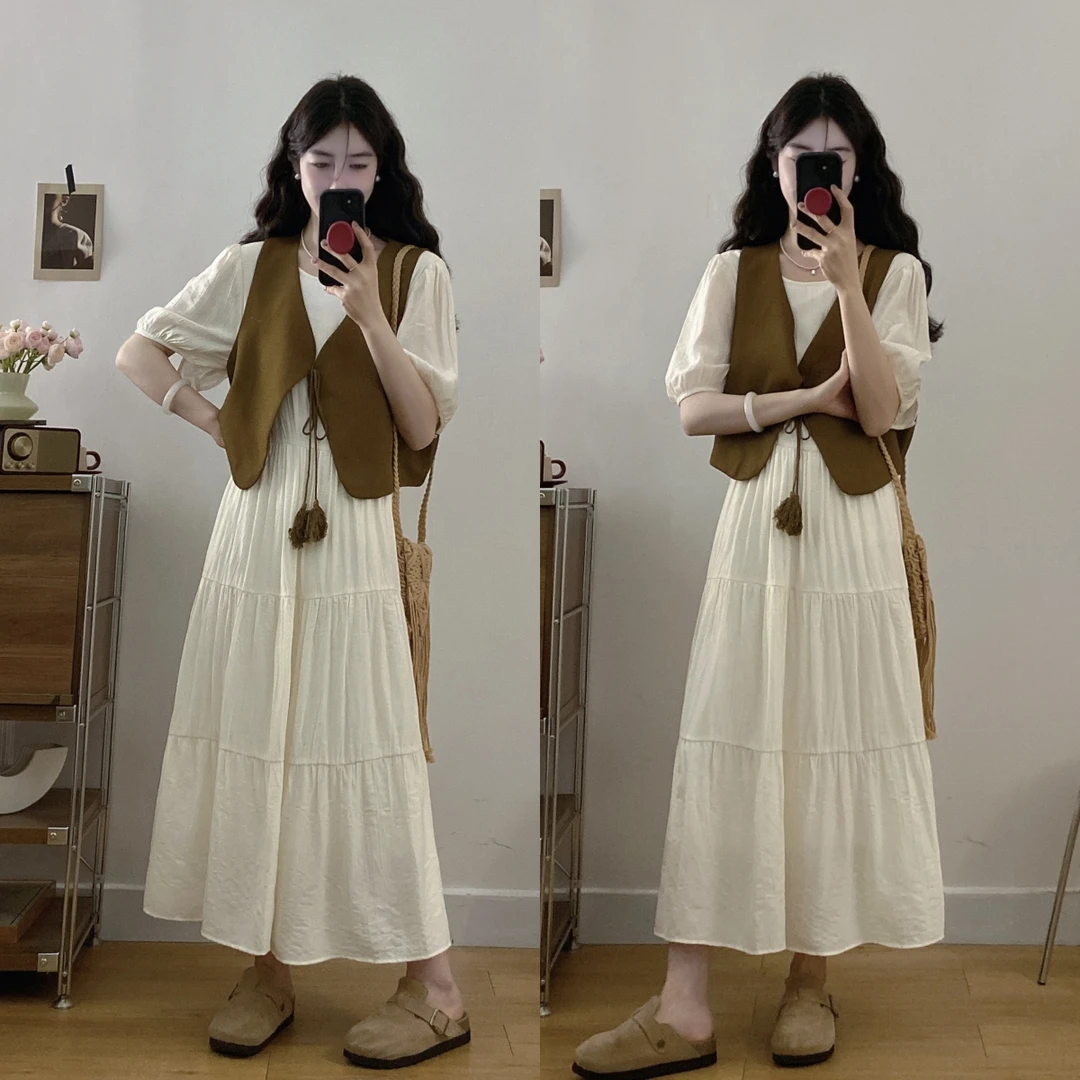 孕妇装夏装连衣裙套装时尚法式绝美文艺复古马甲搭配网红款裙子夏