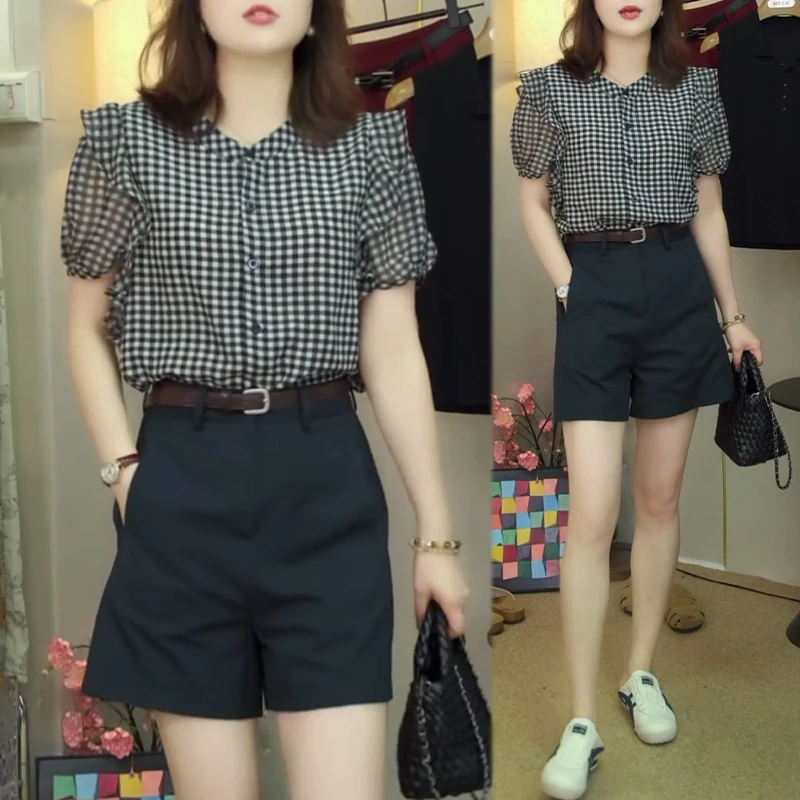 法式荷叶边短袖格子衬衫短裤时尚套装女士2025夏季新款气质两件套