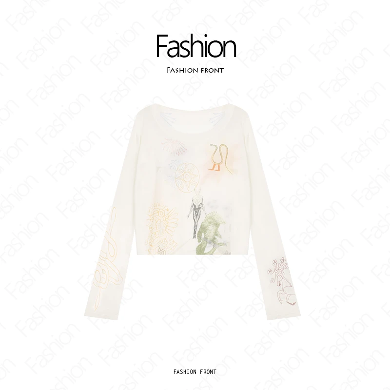 防晒打底衫女2025新款长袖T恤女白色印花修身显瘦上衣