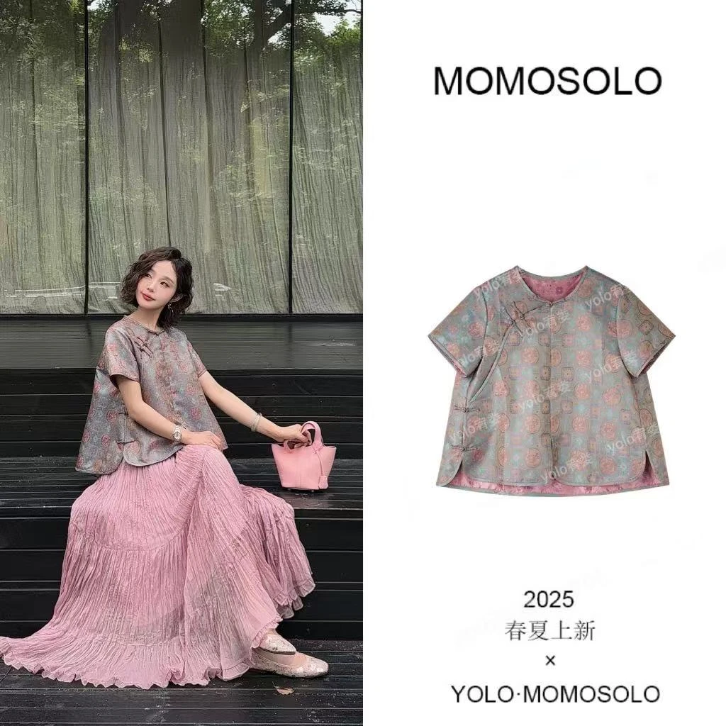 MOMOSOLO清仓专属•长安花•龙凤呈祥提花圆领盘扣上衣短袖YM1858