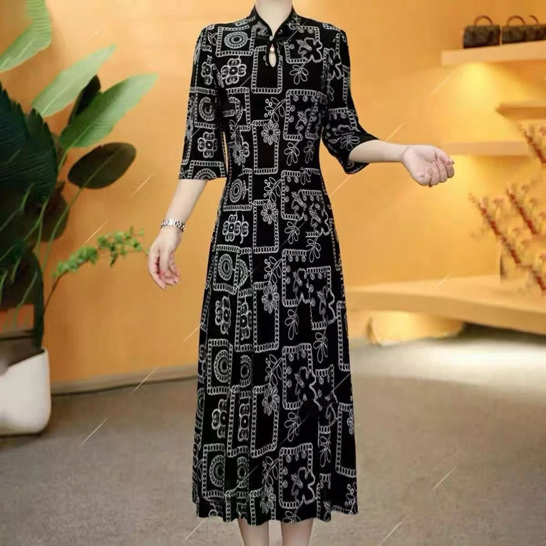 A-311夏季新款妈妈冰感水滴领中袖旗袍短袖连衣裙