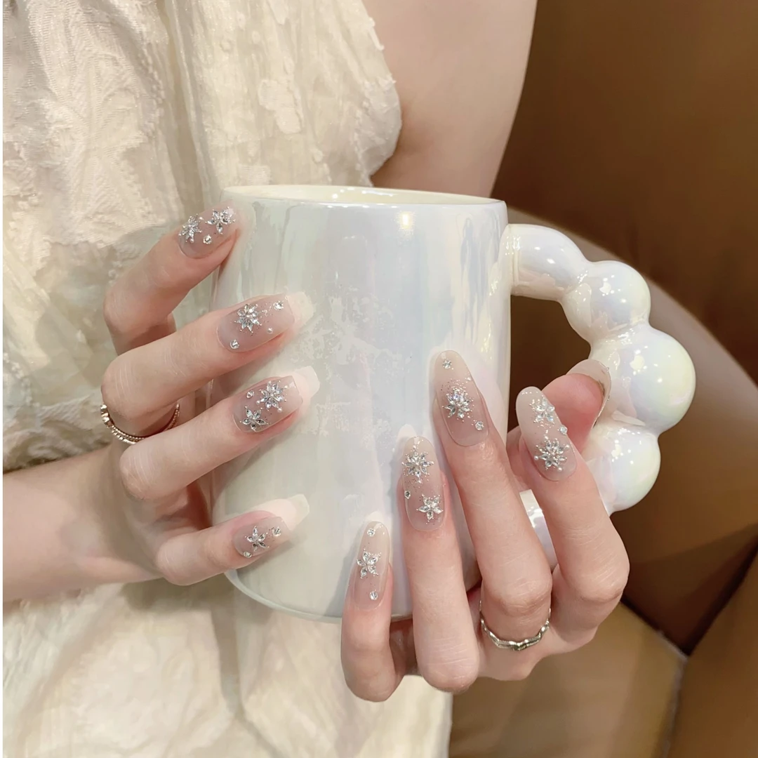 JDD【冰雪繁星】高级感锆石钻爆闪显白中短款 纯手工美甲贴穿戴甲片