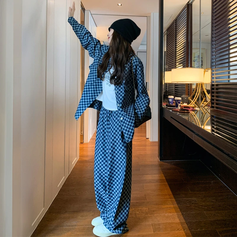 棋盘格牛仔套装裤女2025春秋新款甜酷炸街复古氛围感休闲风两件套