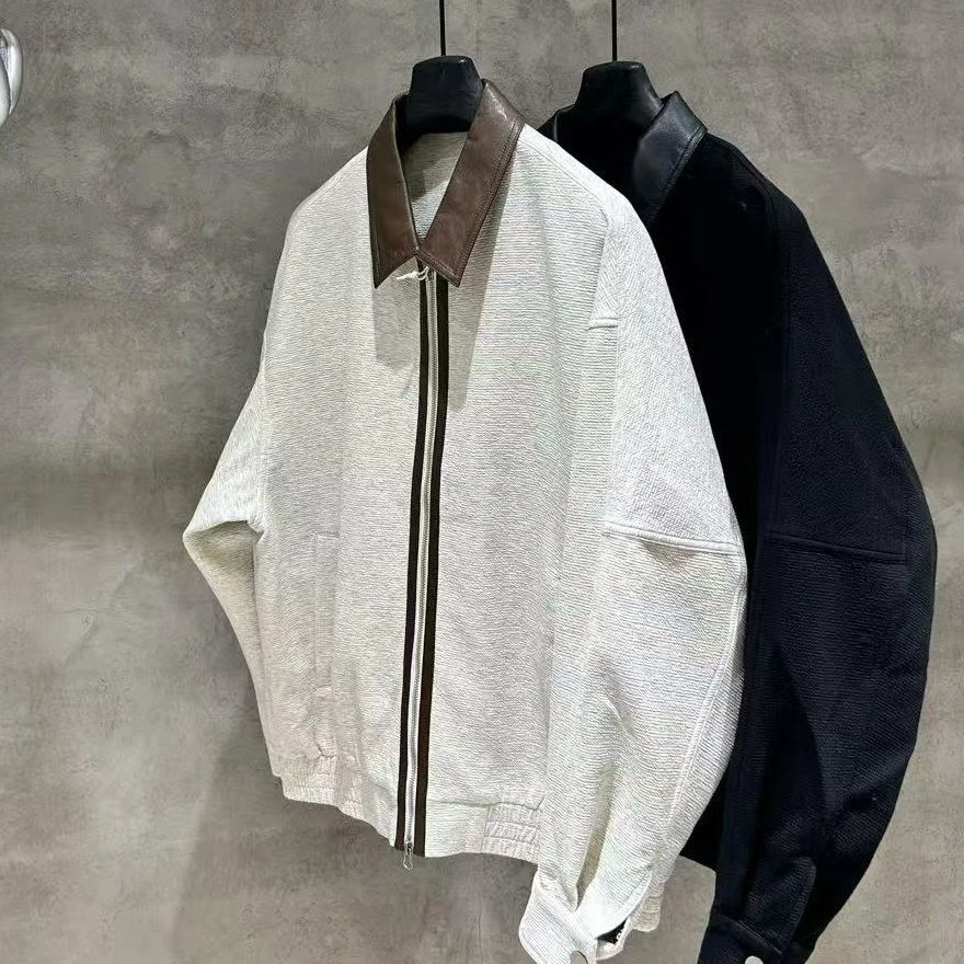 【撞色拼接皮领翻领夹克】秋冬宽松休闲痞帅百搭复古男外套99072