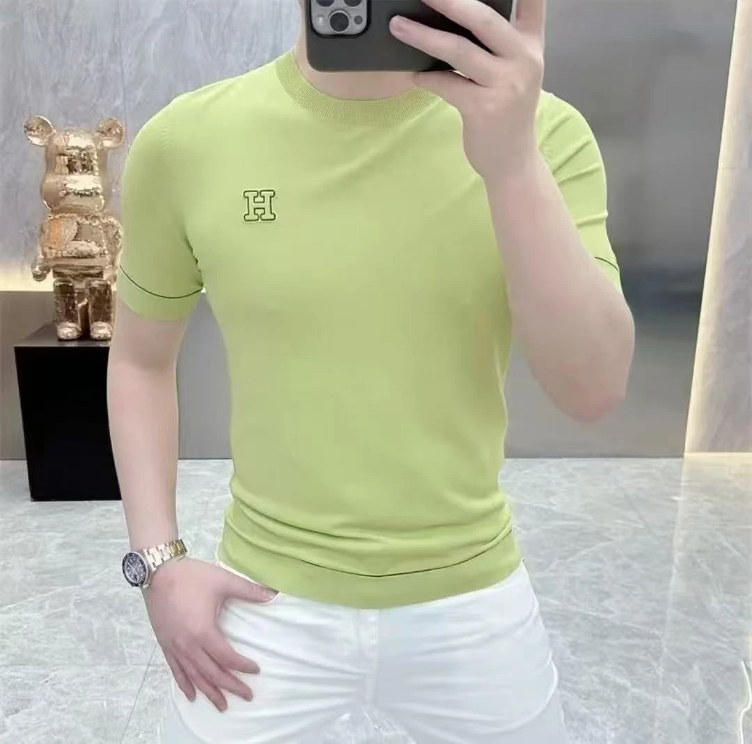 英伦时尚轻奢高档夏季新款简约休闲冰丝伊力特针织圆领短袖T恤