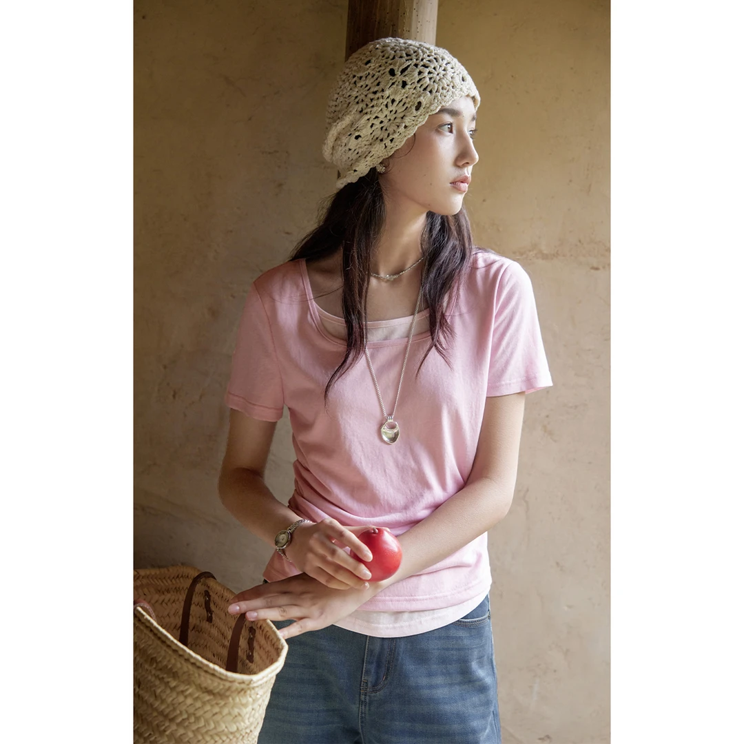 solighter 法式莱赛尔假两件收腰T恤女夏季5I0520T11X1