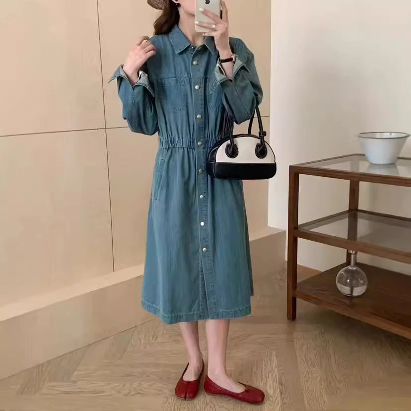 与默定制2025春秋款连衣裙女宽松休闲韩版女裙子中长款长袖显瘦裙