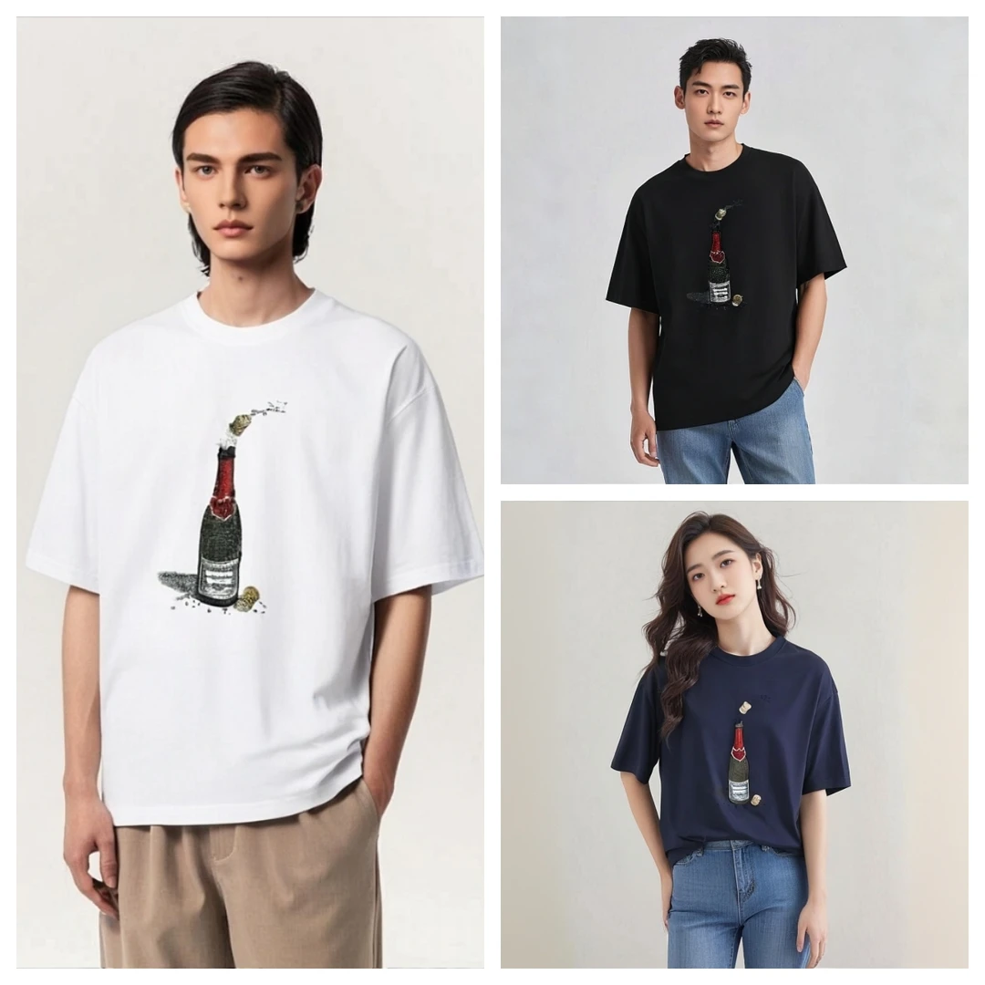 【正肩】夏款一瓶酒刺绣麻棉男女同款时尚圆领短袖圆领宽松纯棉圆领