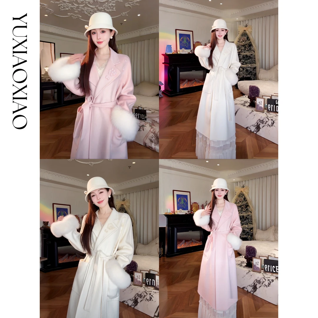 余潇潇【雪国千金】高级感山羊绒羊毛混纺狐狸毛袖V字翻领长款大衣