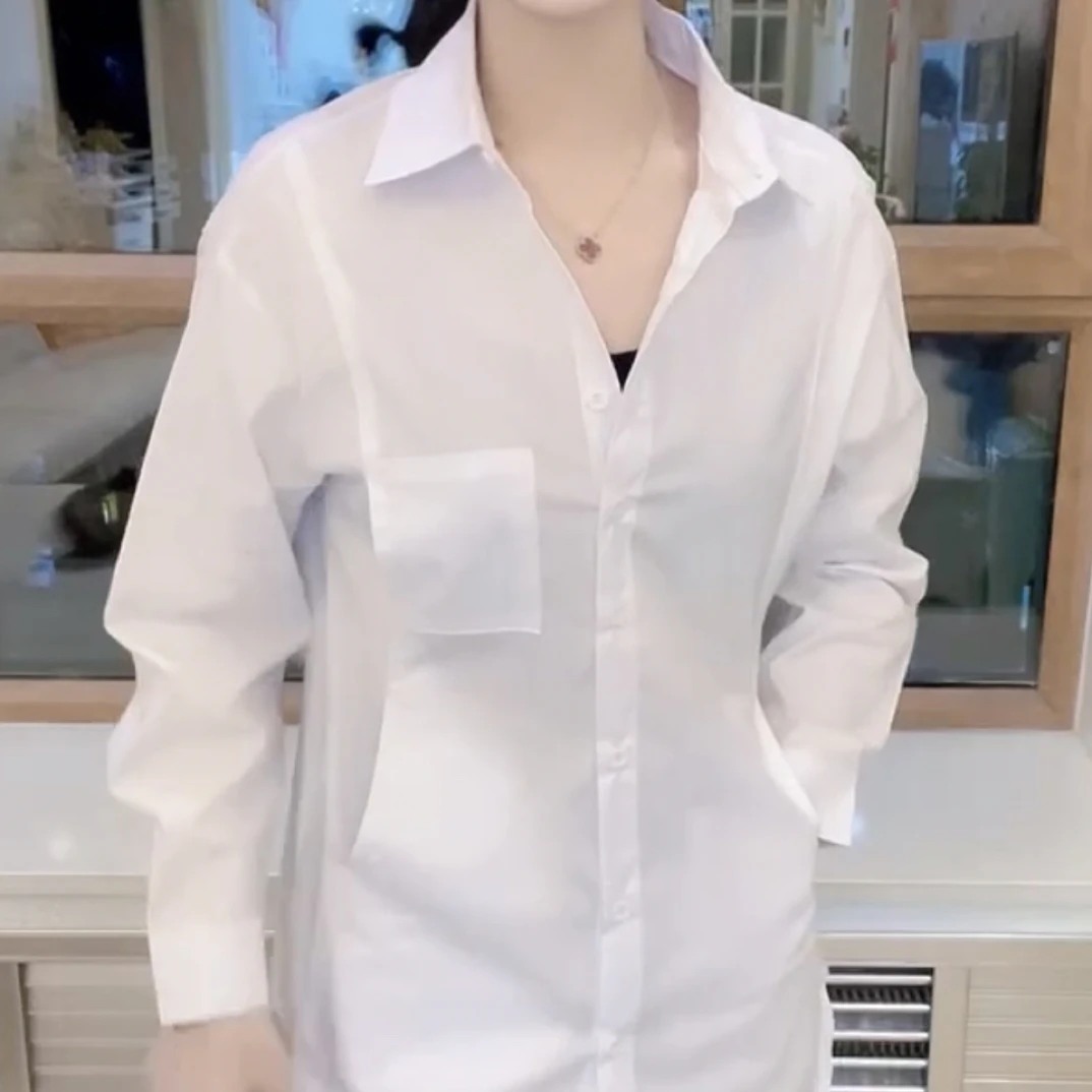 法式白色长袖宽松休闲口袋女士轻奢百搭高级感衬衫