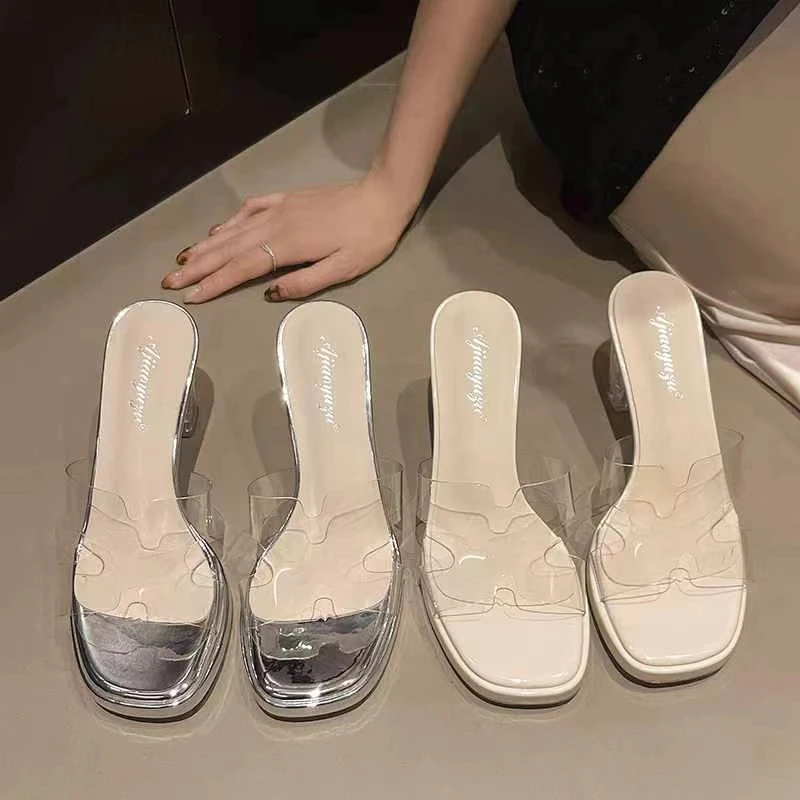 透明粗跟凉拖鞋露趾设计时尚配裙子高跟鞋水晶跟气质增白夏季凉鞋