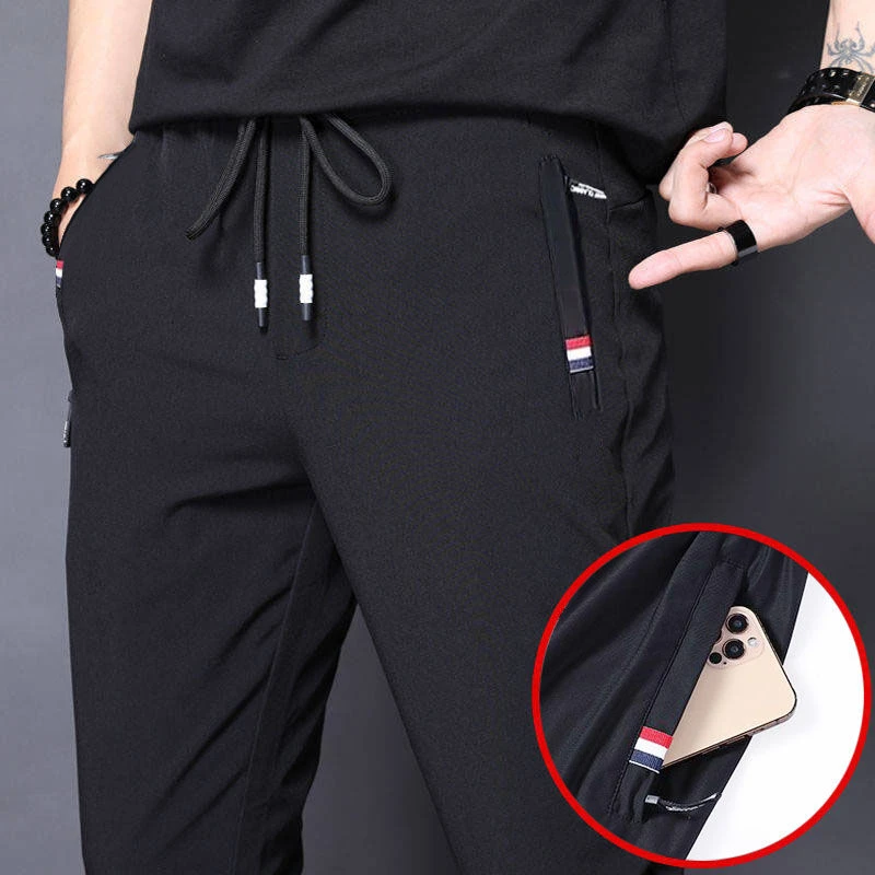 休闲裤男拉链口袋夏季冰感薄款百搭潮流运动裤宽松弹力束脚长裤子