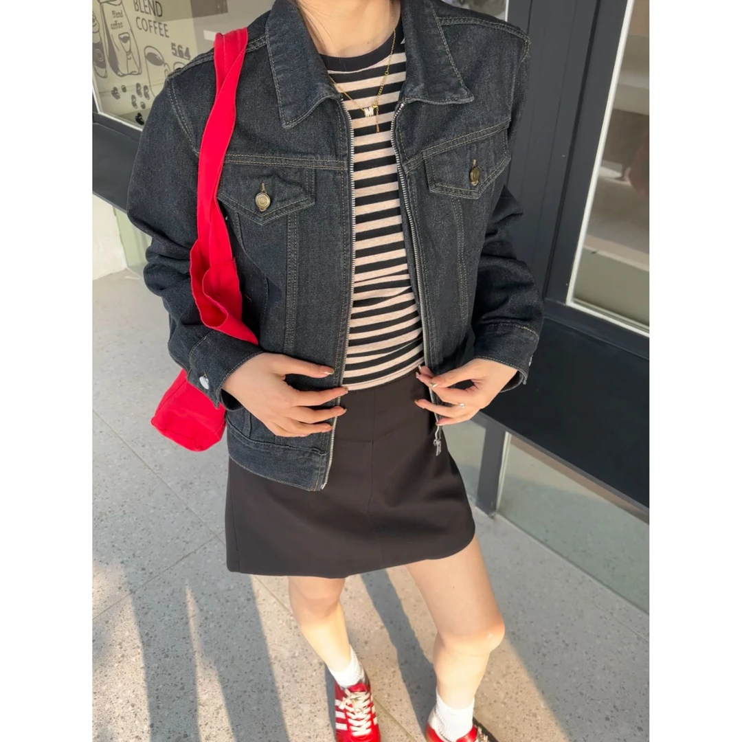 柏林胶片/加长港风短款正肩拉链翻领夹克原色牛仔外套 Au230