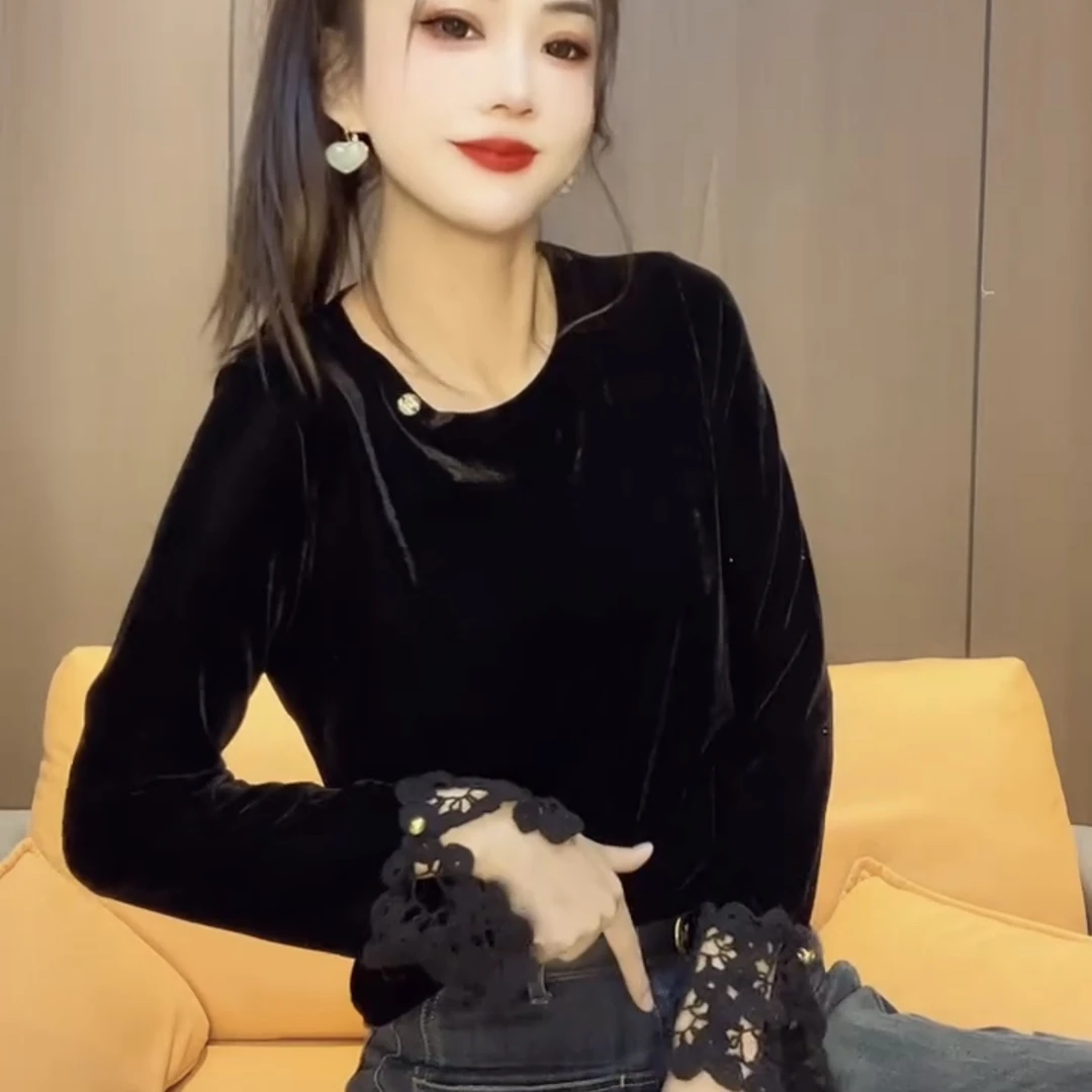 女长袖纯色中长款圆领常规款T恤衬衫袖拼接防静电