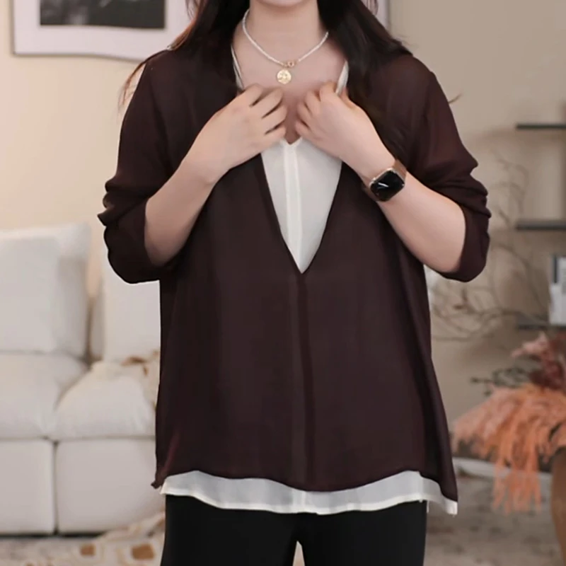 撞色拼接设计假两件长袖衬衫女夏季新款休闲百搭气质宽松遮肉上衣