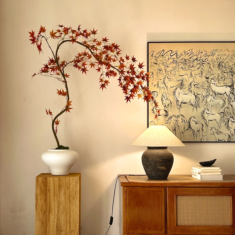 海虹景品红色流泉枫仿真绿高端轻奢禅意茶室摆件玄关小型假花盆栽