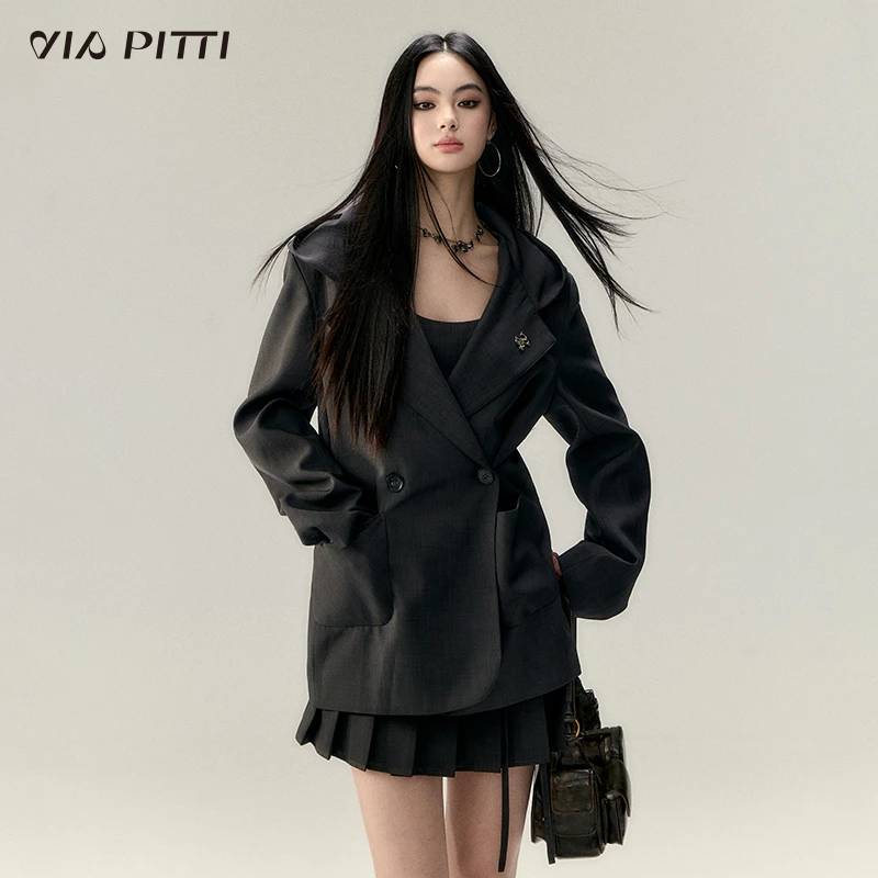 ViaPitti【官方专属】带帽两穿收腰宽松双排扣西装外套VIAAC048