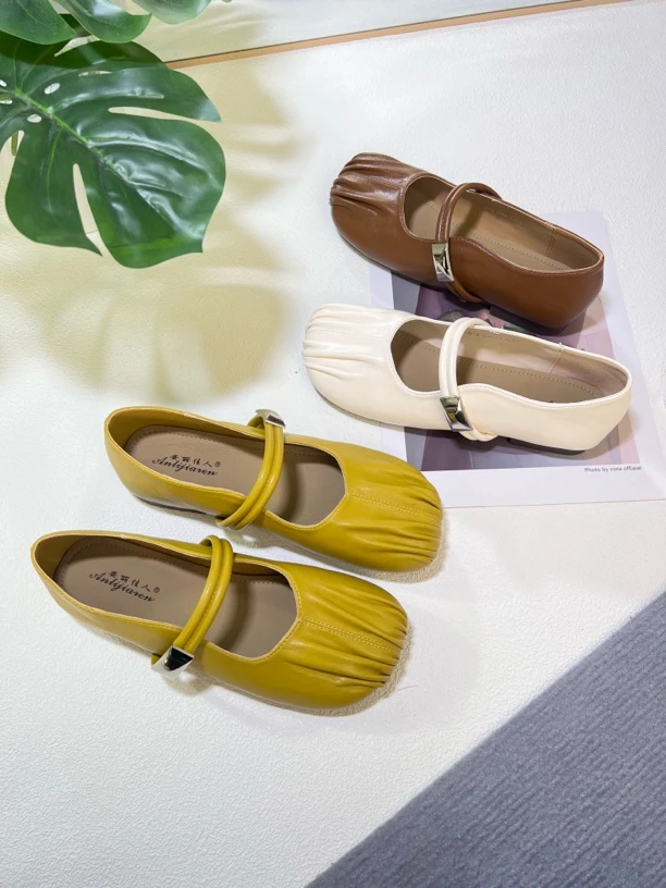 春夏季浅口褶皱单鞋豆豆鞋圆头鞋子百搭皮鞋平底鞋奶奶鞋