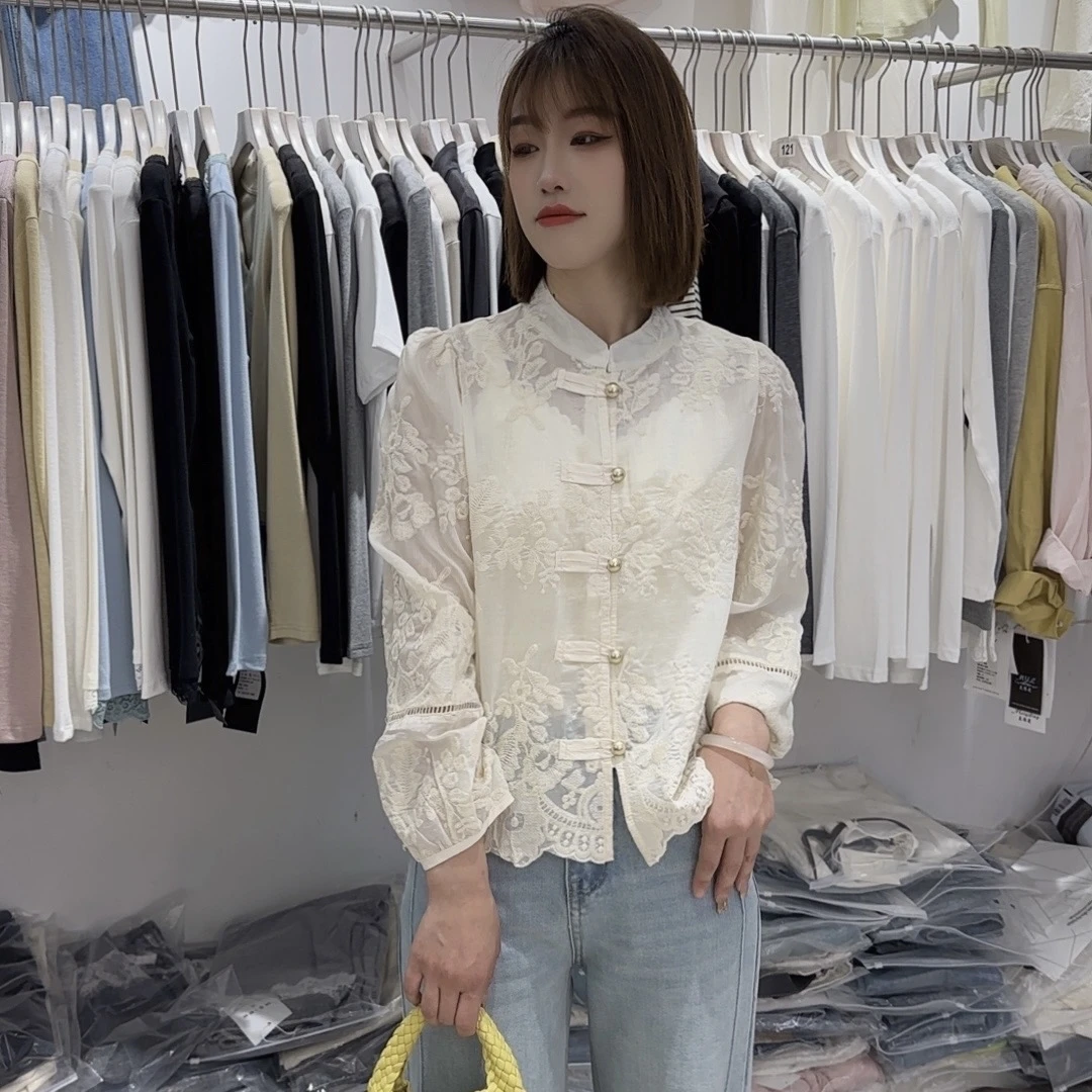 春季新中式蕾丝长袖显瘦刺绣衬衫提花复古网红时尚绣花国风衬衣女