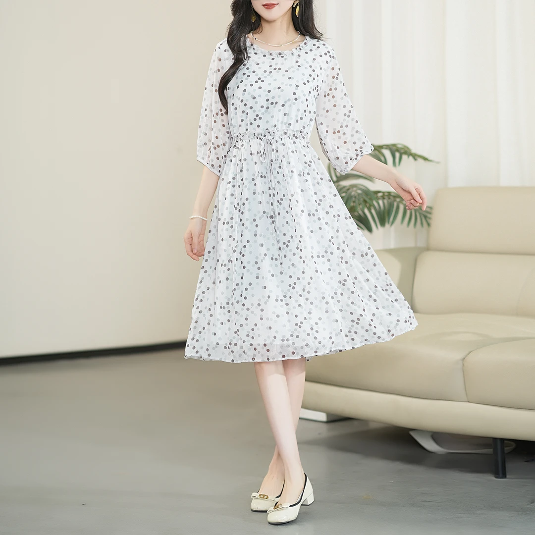 （记忆起点）夏季蚕 丝收腰长裙 V领2025年扎染印花显瘦高腰连衣裙