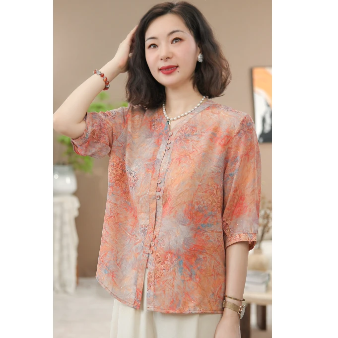 【涧蓝正品】夏季新款七分袖气质显白衬衫女中老年衬衣宽松显瘦