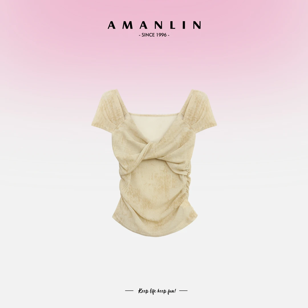 【AMANLIN】夏季穿搭设计感v领褶皱拼色百搭显瘦修身上衣L591518