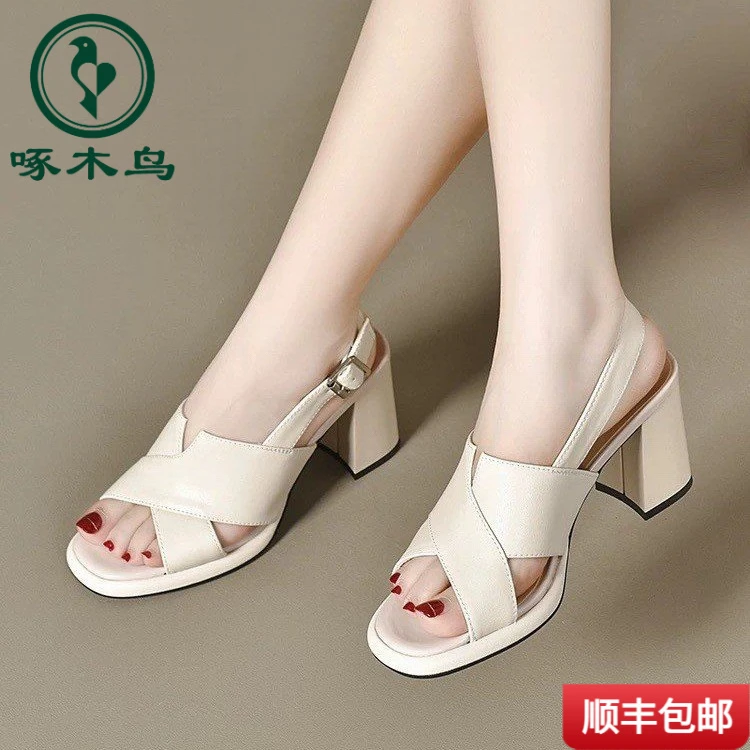 啄木鸟气质粗跟凉鞋女款2025年夏季新款时尚女士百搭一字扣带后空