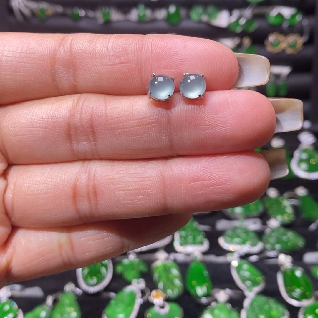 翡翠耳饰银S925镶嵌蛋面耳钉