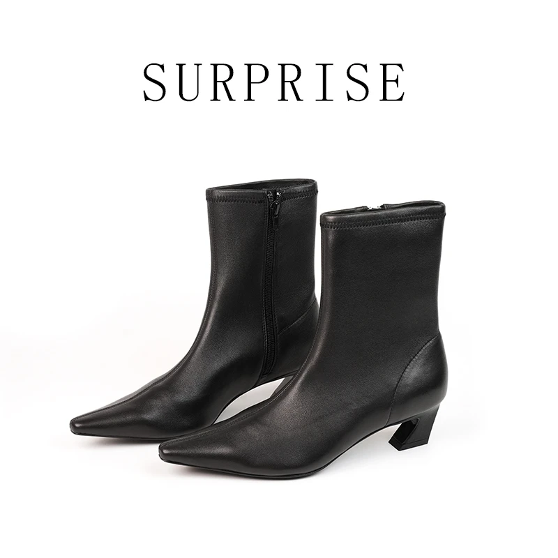 筒靴高跟尖头冬季时尚方头时装靴法式方头瘦瘦靴短靴