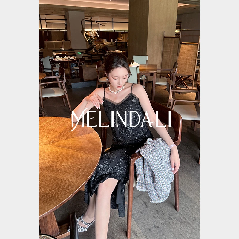 Melinda Li【夜色蔷薇】法式优雅重工珠片花卉刺绣吊带半裙礼服套装