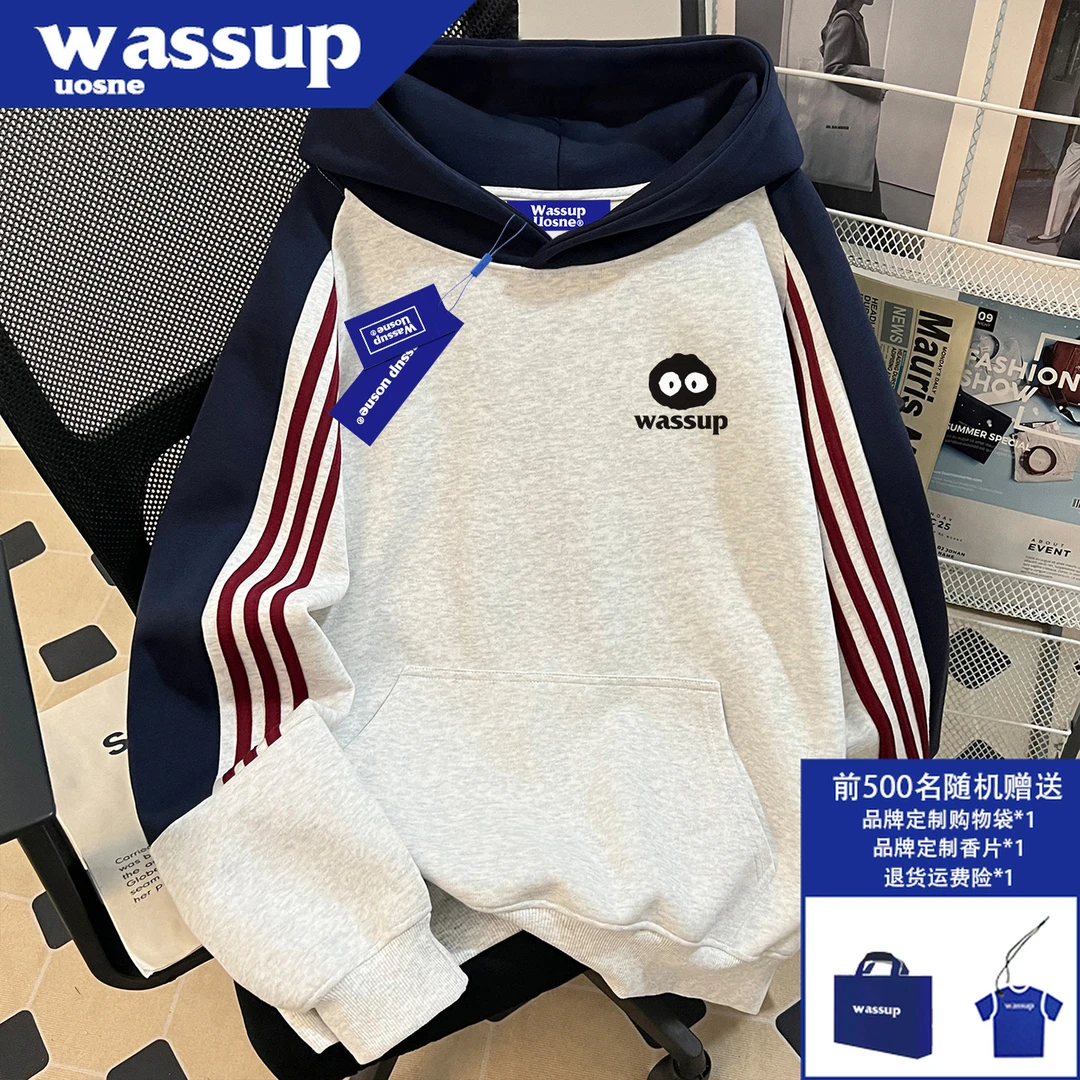 美式潮牌三条杆插肩卫衣男秋冬季oversize玩趣百搭挺阔连帽上衣服