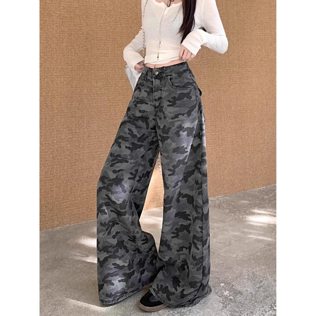 美式复古迷彩裤牛仔裤豹纹女冬季高腰春秋宽松显瘦拖地裤直筒裤