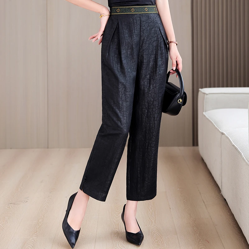 时尚龟裂纹休闲裤女2025春夏新款中年妈妈宽松大码气质小脚裤子