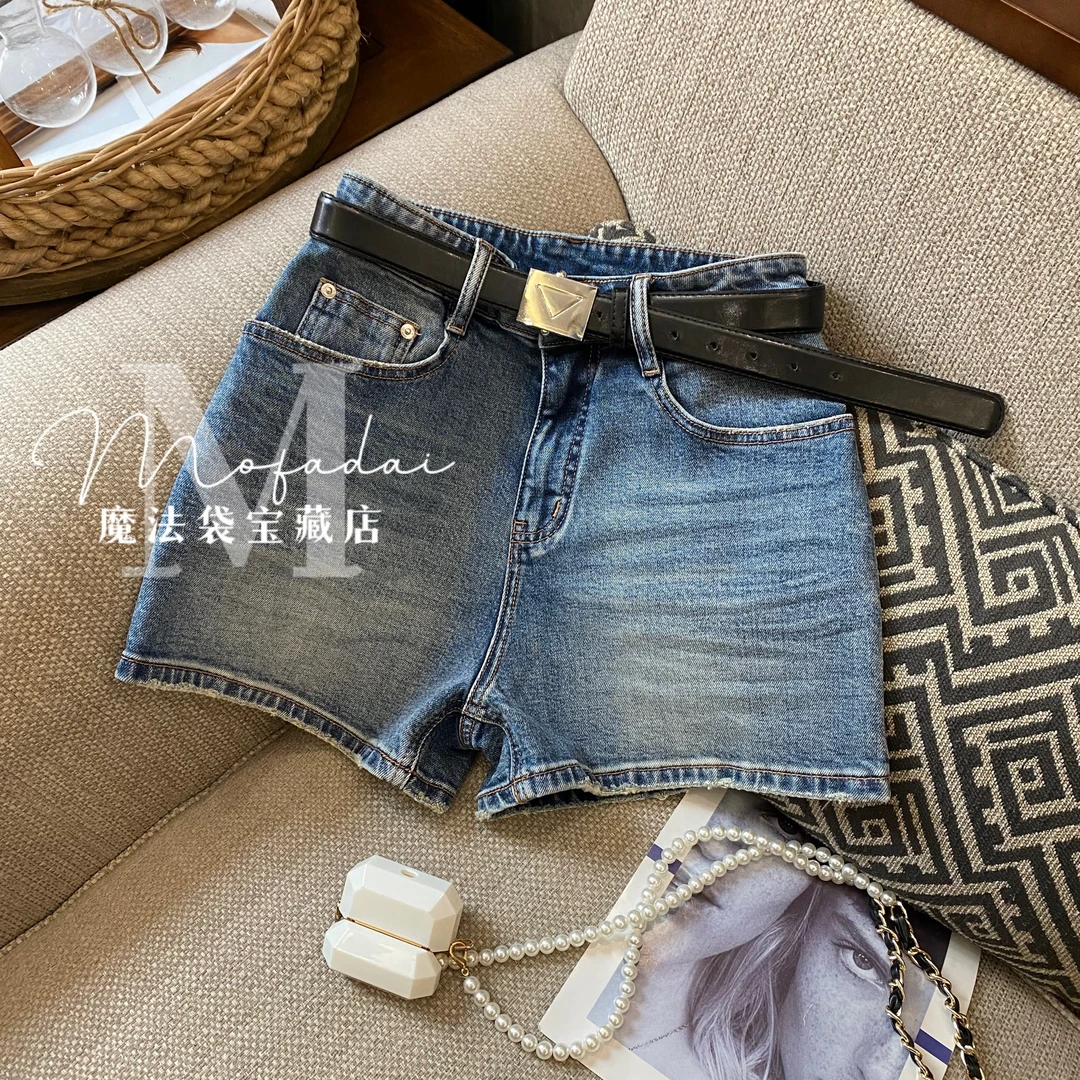 【魔法袋】蓝色牛仔裤短裤2025夏季新款微弹街头风热裤包臀四分裤