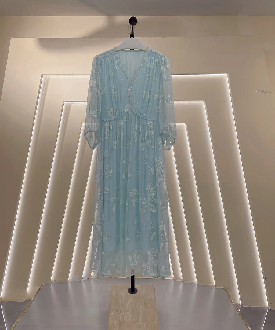 显瘦设计师蓝色中长款连衣裙原创设计宽松腰B