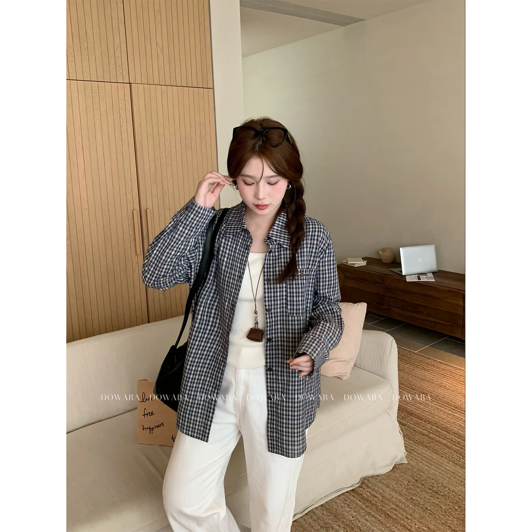 大婉酱微胖定制蓝色格纹衬衫2025春季韩系气质百搭休闲上衣 6441D