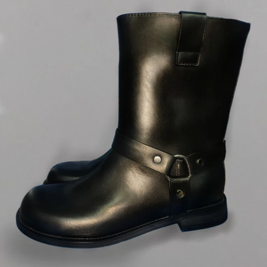 7201-2玛拉沁夏季女靴时尚女士黑色真皮中筒休闲百搭低跟