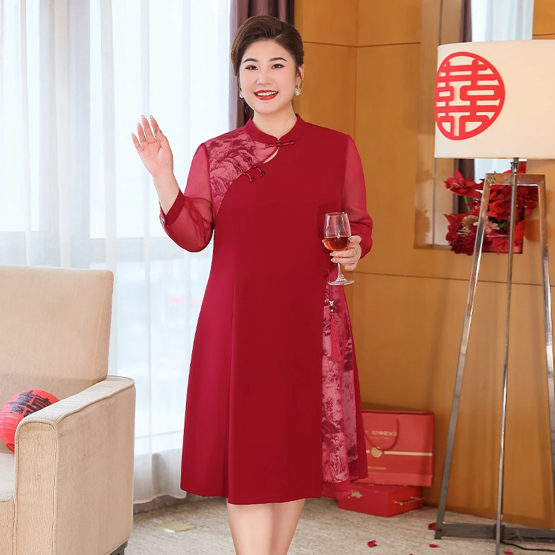 名媛大码女装连衣裙春秋新款国风高贵礼服加肥本命年红色连身裙