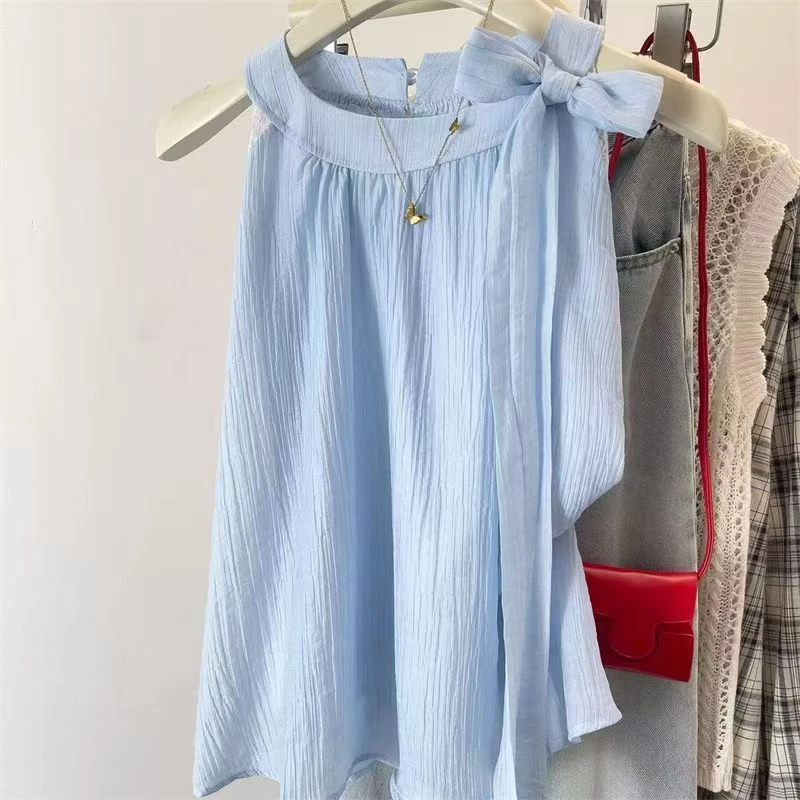 蓝色通勤常规蝴蝶结无袖韩版法式宽松雪纺衫时尚气质东方洛可可
