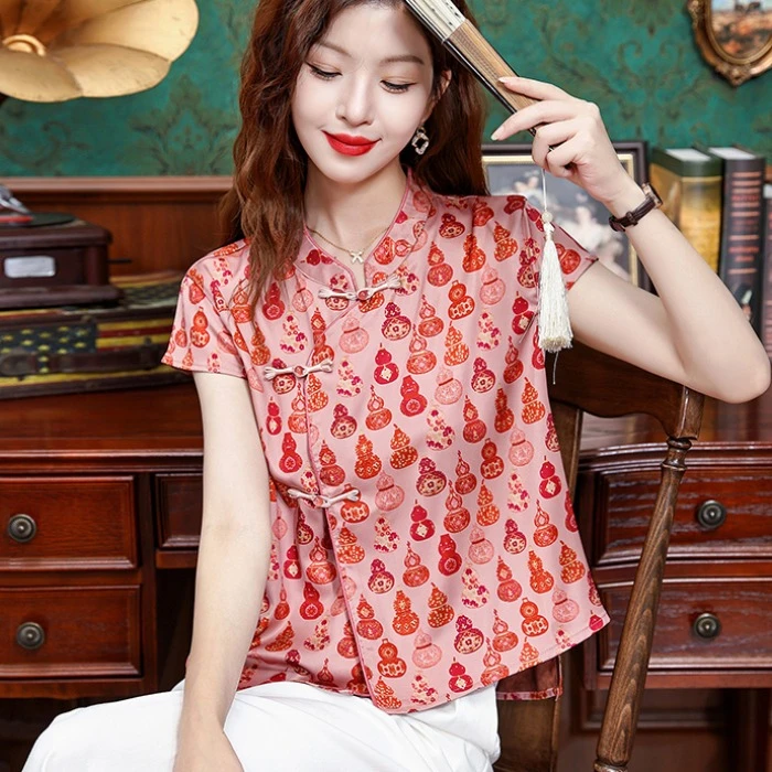 复古国风提花短袖衬衫女士夏季不规则上衣新中式立领洋气宽松小衫