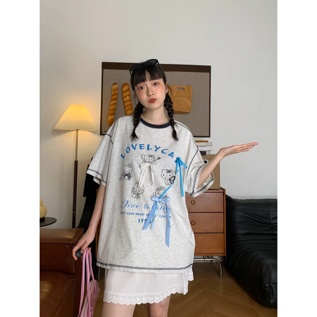 蕾丝手工蝴蝶结猫咪印花T恤女韩版ins夏季新款宽松百搭显瘦短袖潮